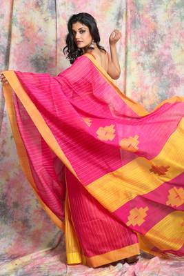 Pink woven blended cotton saree with yellow border and blouse 3