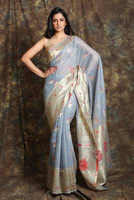Steel Blue woven silk  saree with blouse 1
