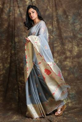 Steel Blue woven silk  saree with blouse 2
