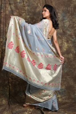Steel Blue woven silk  saree with blouse 3