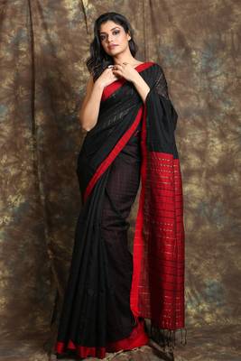 Black woven cotton saree with Red border and pallu  1