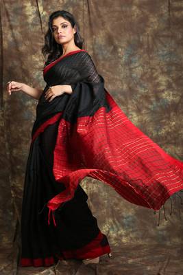 Black woven cotton saree with Red border and pallu  2