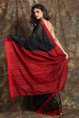 Black woven cotton saree with Red border and pallu  3