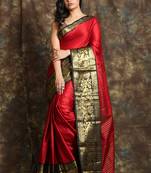 Dark red woven silk  saree with zari work  black border and blouse