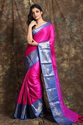 Dark pink woven silk  saree with zari work sky blue border and blouse 1