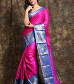 Dark pink woven silk  saree with zari work sky blue border and blouse