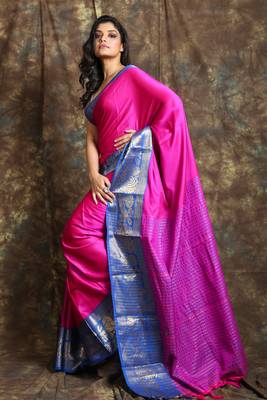 Dark pink woven silk  saree with zari work sky blue border and blouse 2