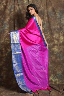 Dark pink woven silk  saree with zari work sky blue border and blouse 3