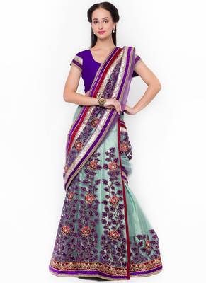 Light blue embroidered net saree with blouse 1