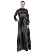 Striped abaya with collar- Black-White