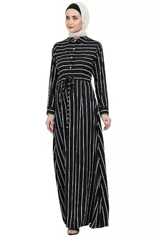 Striped abaya with collar- Black-White