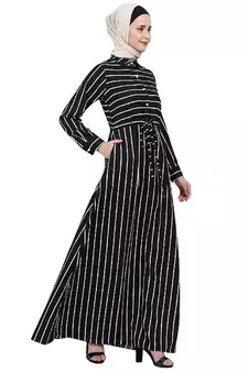 Striped abaya with collar- Black-White