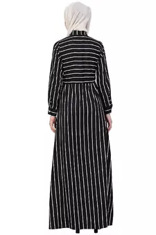 Striped abaya with collar- Black-White