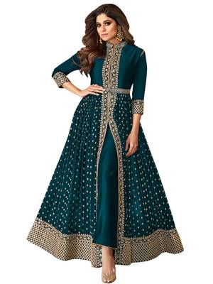 Teal embroidered faux georgette salwar 1