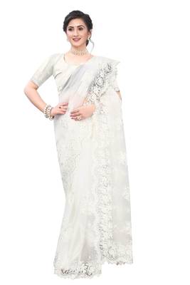 White Embroidered Net Saree With Blouse 1
