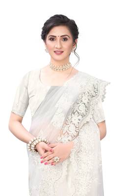 White Embroidered Net Saree With Blouse 2