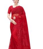 Red Embroidered Net Saree With Blouse