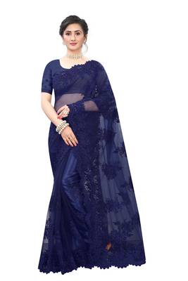 Navy Blue Embroidered Net Saree With Blouse 1