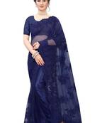 Navy Blue Embroidered Net Saree With Blouse