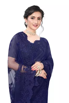 Navy Blue Embroidered Net Saree With Blouse