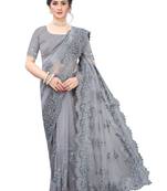 Grey Embroidered Net Saree With Blouse
