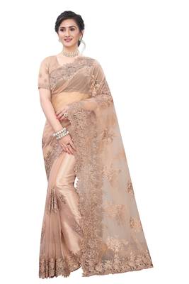 Peach Embroidered Net Saree With Blouse 1