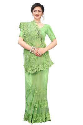Green Embroidered Net Saree With Blouse 1