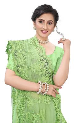 Green Embroidered Net Saree With Blouse 2