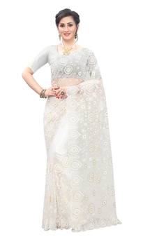 White Embroidered Net Saree With Blouse