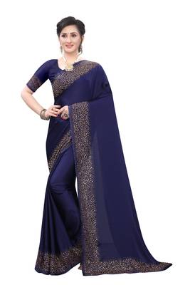 Navy blue embroidered satin saree with blouse 1