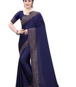 Navy blue embroidered satin saree with blouse