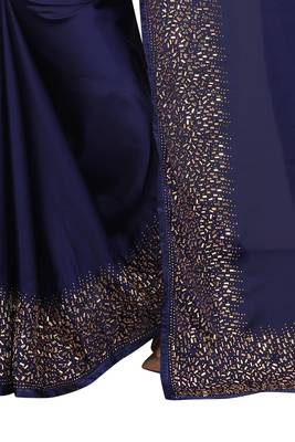 Navy blue embroidered satin saree with blouse 3