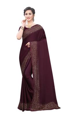 Wine embroidered satin saree with blouse 1