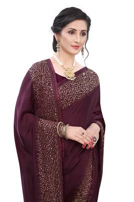 Wine embroidered satin saree with blouse 2