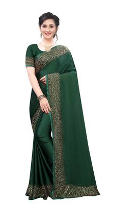 Green embroidered satin saree with blouse 1