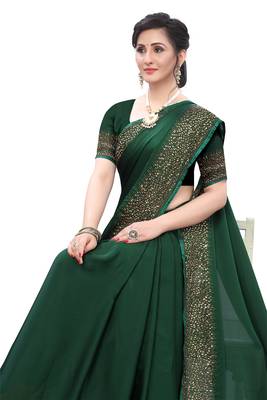 Green embroidered satin saree with blouse 2