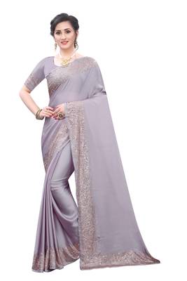 Lavender embroidered satin saree with blouse 1