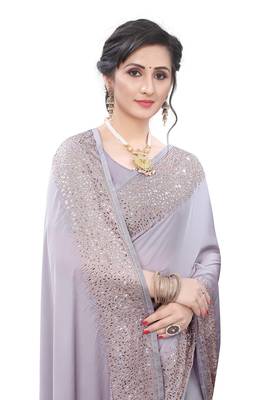 Lavender embroidered satin saree with blouse 2