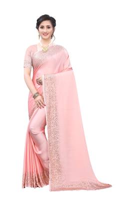 Peach embroidered satin saree with blouse 1