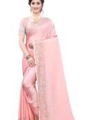 Peach embroidered satin saree with blouse