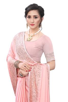 Peach embroidered satin saree with blouse 2