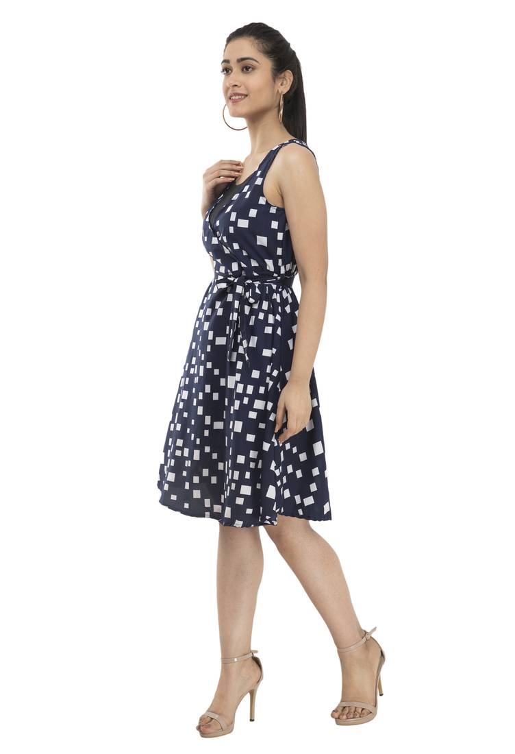 blue crepe printed dress