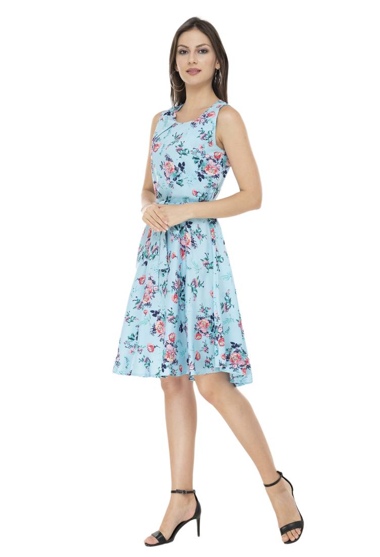 blue crepe printed dress