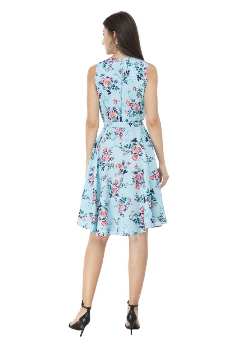 blue crepe printed dress