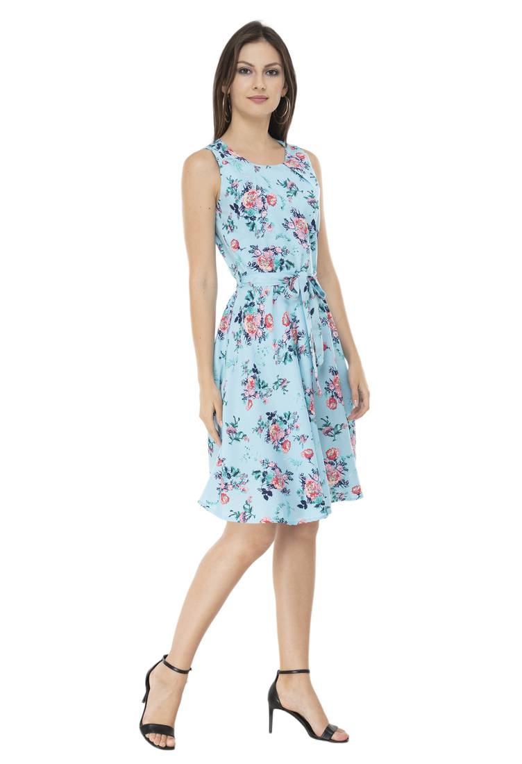 blue crepe printed dress