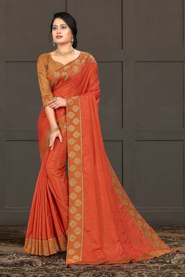 Indian Women Orange Vichitra silk Lace Work Designer Saree 1