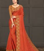 Indian Women Orange Vichitra silk Lace Work Designer Saree