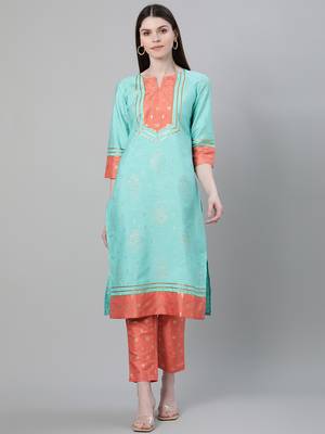 Turquoise printed art silk kurtas-and-kurtis 1