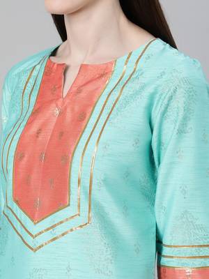 Turquoise printed art silk kurtas-and-kurtis 4