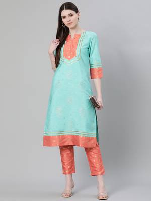 Turquoise printed art silk kurtas-and-kurtis 5
